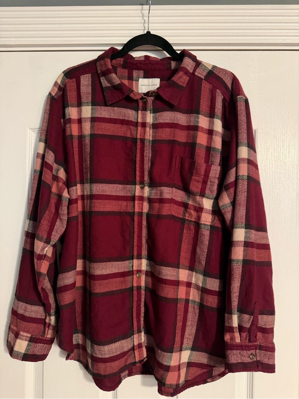 American Eagle Outfitters Red and Pink Plaid Button-Down Shirt